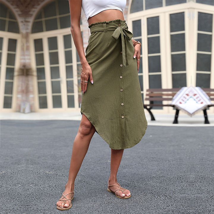 Damen lässiger Wickelrock mit taillierbarem Bindegürtel und Knopfdetails Drune
