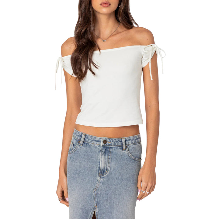 Damen raffiniertes Off-Shoulder T-Shirt mit eleganten Bindebändern Drune