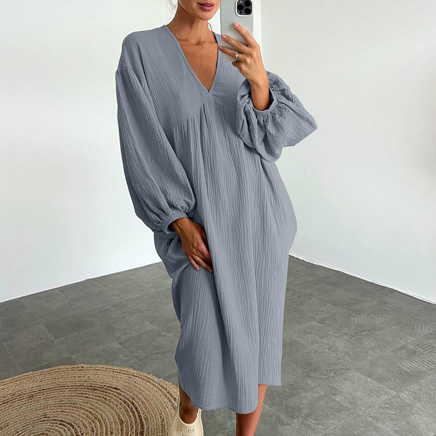 Damen lässiges Oversized-Kleid mit voluminösen Ärmeln und V-Ausschnitt Drune