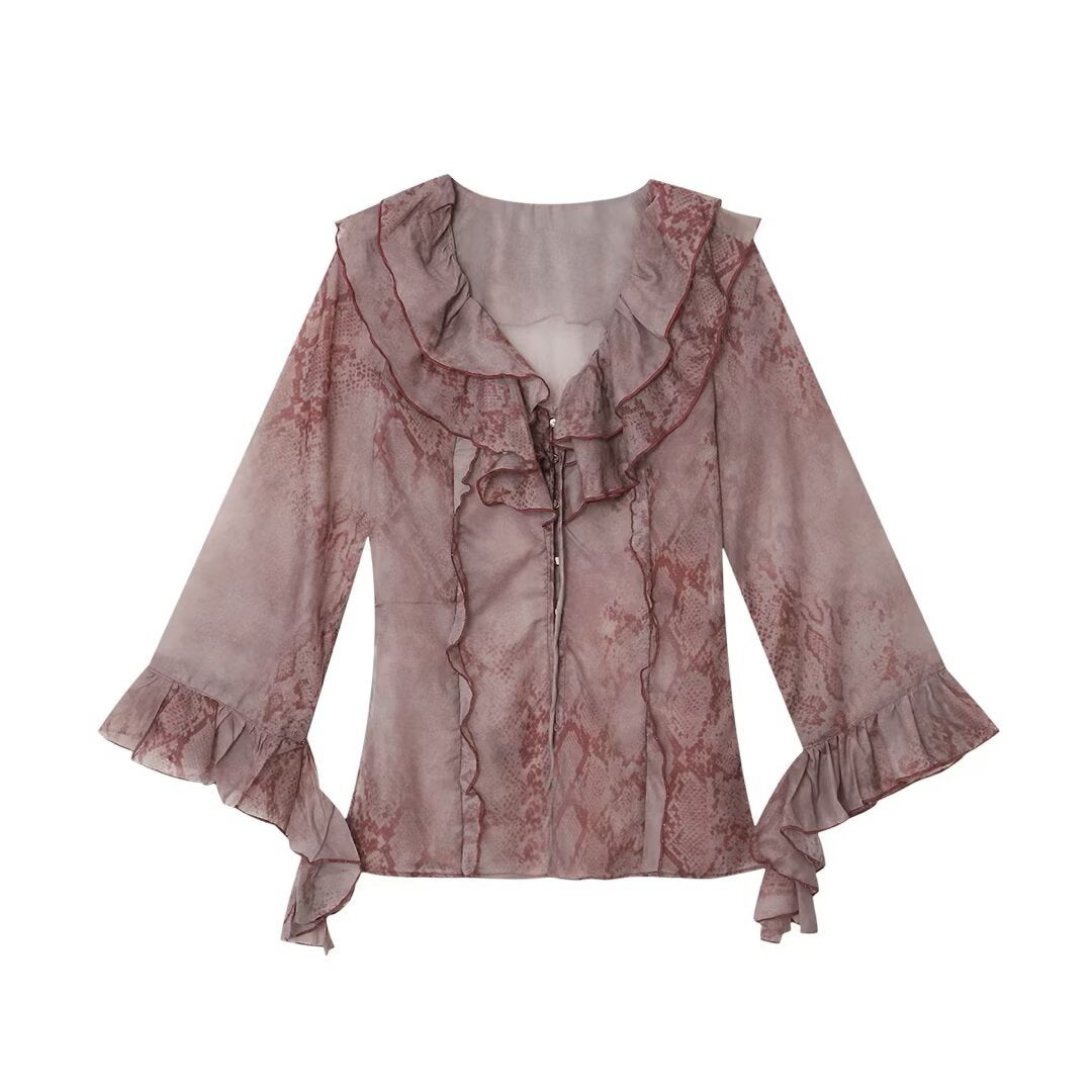 Damen Chiffonbluse mit Rüschenkragen, Volantärmeln und dekorativer Schnürung Drune