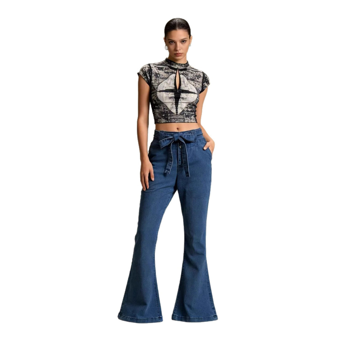 Damen nan High‑Waist Denimhose mit Schleifenbund, hoher Taille und weitem Schlag Drune