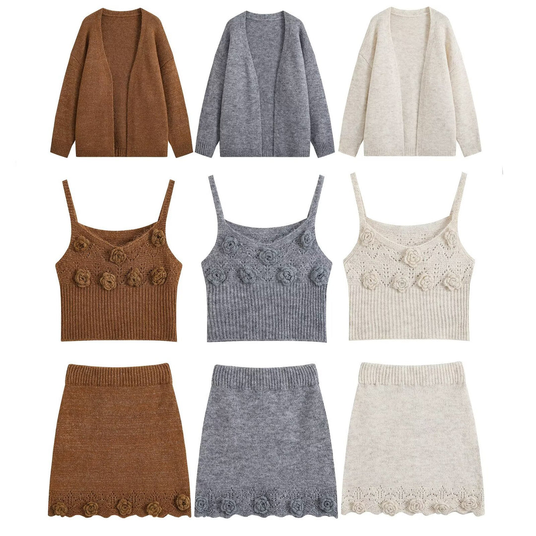 Damen Dreiteiliges Strickset mit offener Cardigan, Spaghettitop mit dreidimensionalen Blüten und tailliertem Rock Drune