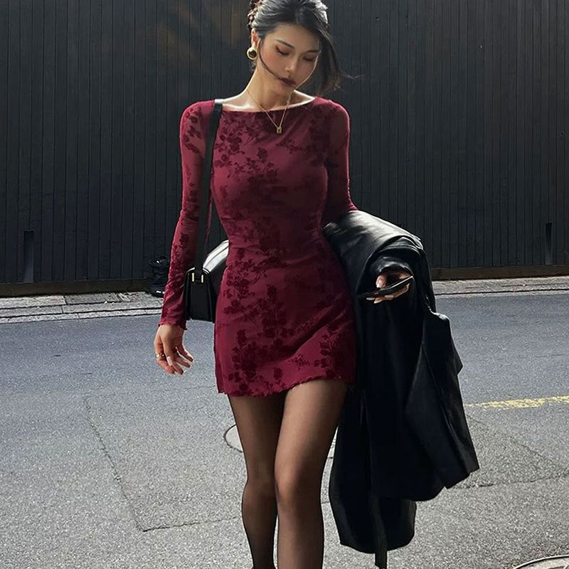 Damen Floral Minikleid mit transparenten Ärmeln Drune