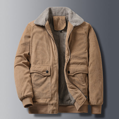 Herren Cordjacke im Worker‑Stil mit Sherpa‑Futter, Reißverschluss und gerippten Bündchen Drune