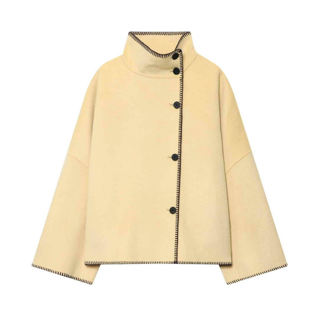 Damen Cape-Mantel mit Stehkragen, asymmetrischer Knopfleiste und Ziernaht Drune