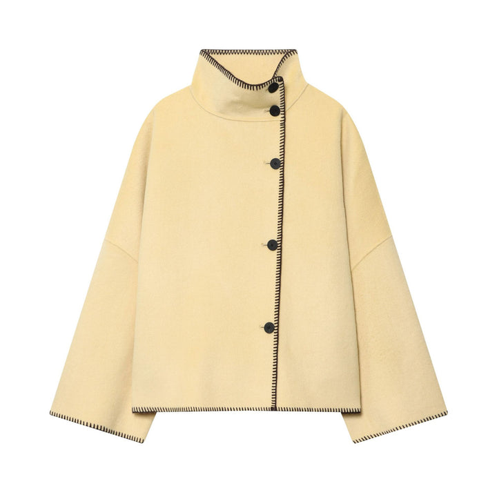 Damen Cape-Mantel mit Stehkragen, asymmetrischer Knopfleiste und Ziernaht Drune