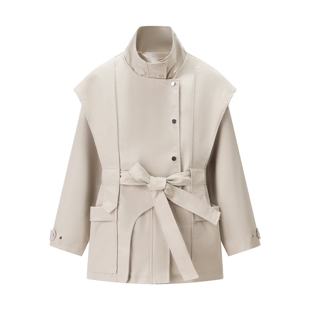 Damen modische Trenchcoatjacke mit hochgeschlossenem Kragen und praktischen Taschen Drune