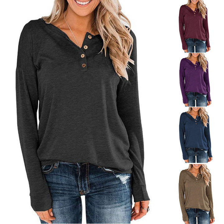 Damen modisches Langarm-Henley-Shirt mit Knopfleiste Drune