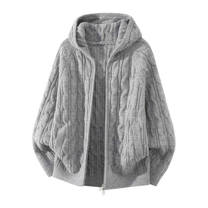 Damen Oversize Zopfstrick-Kapuzencardigan mit durchgehendem Reißverschluss und Ballonärmeln Drune