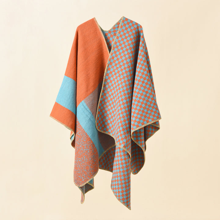 Damen Wendbarer Karomuster-Capeponcho aus Wollmix mit kastigem Oversize-Fall Drune