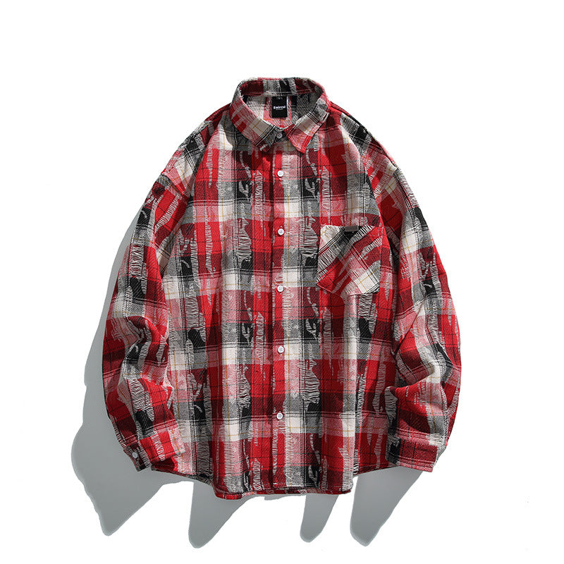 Unisex Oversize-kariertes Flanellhemd mit Destroyed-Details und Brusttasche Drune