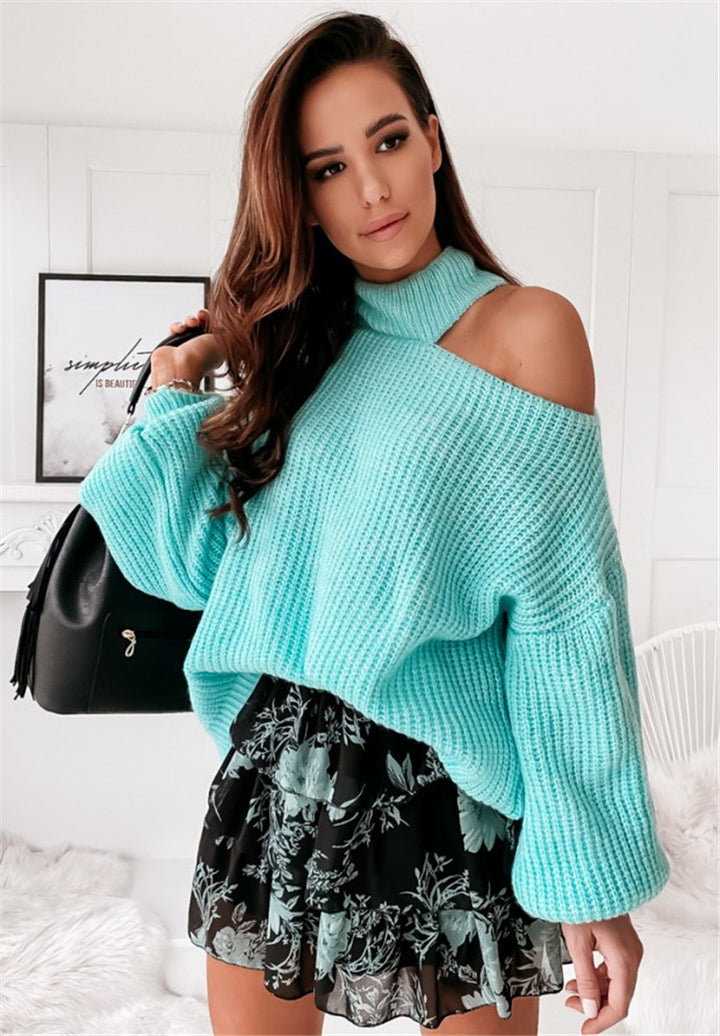 Damen lässiger Strickpullover mit offener Schulter und hohem Kragen Drune