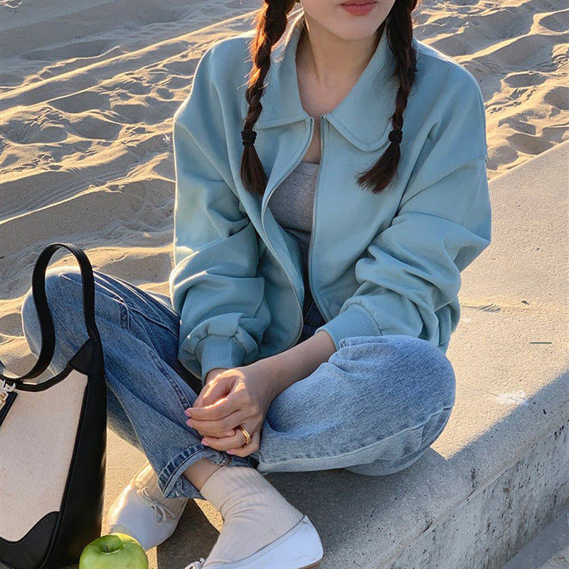 Damen lässige Sweatjacke mit Reißverschluss und weiten Ärmeln Drune