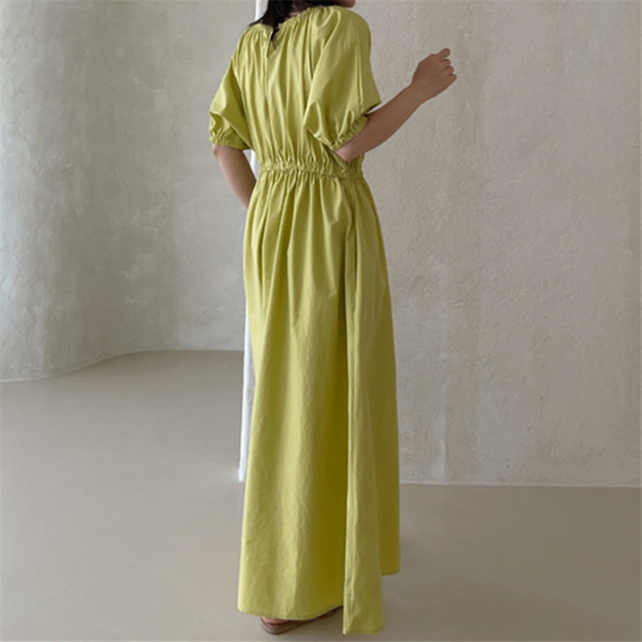 Damen Fließendes Baumwoll-Maxi-Sommerkleid mit elastischem Taillenbund, Puffärmeln und Eingrifftaschen Drune