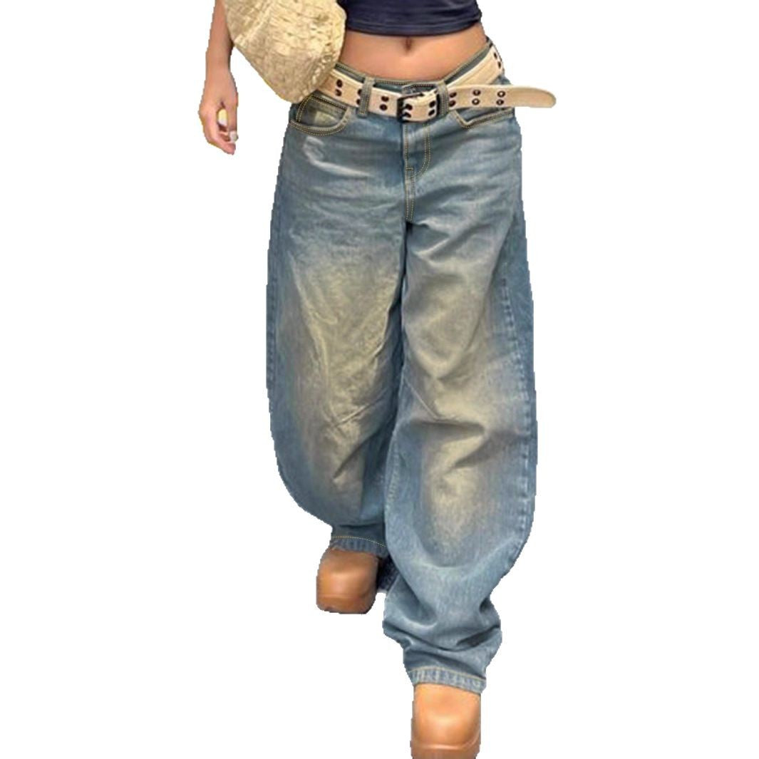 Damen Vintage-inspirierte Baggy-Jeans mit niedrigem Bund, weitem Bein und Used-Waschung Drune
