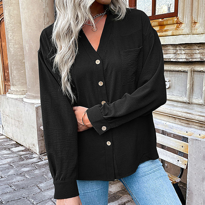 Damen Oversize Crinkle‑Hemdbluse mit V‑Ausschnitt, sichtbarer Knopfleiste und Brusttasche Drune