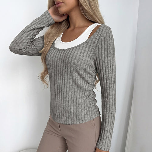 Damen Geripptes Langarmshirt mit weitem U-Boot-Ausschnitt und taillierter Silhouette Drune