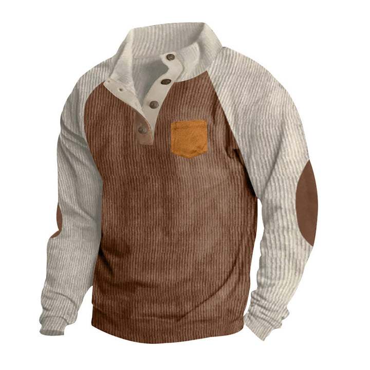 Herren Geripptes Henley‑Pullover mit Raglanärmeln, Ellenbogen‑Patches & Brusttasche Drune