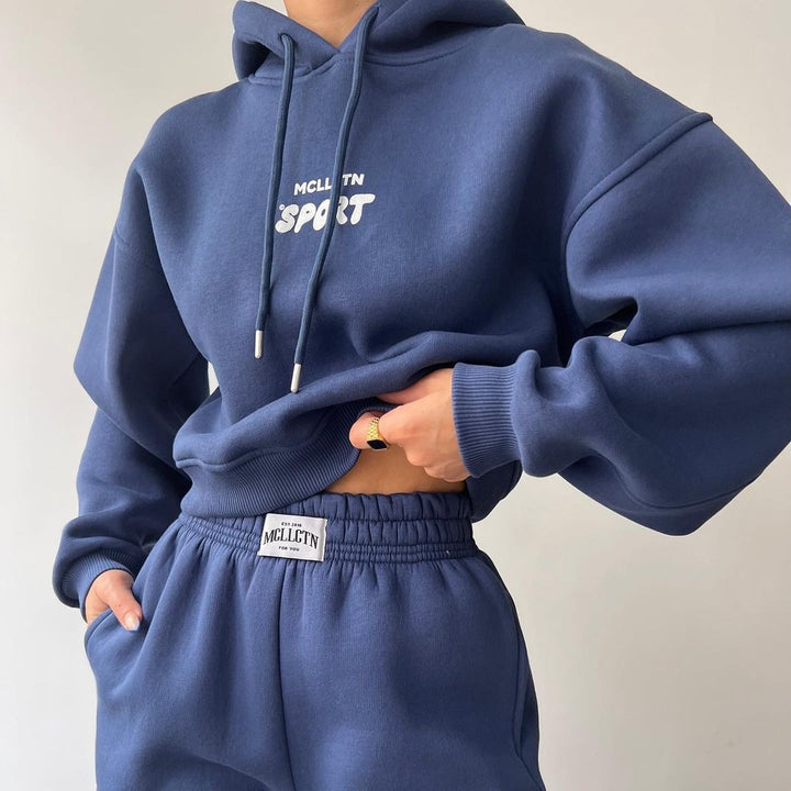 Damen Cropped Kapuzenpullover und High‑Waist Jogginghose Lounge‑Set aus Baumwollfleece Drune