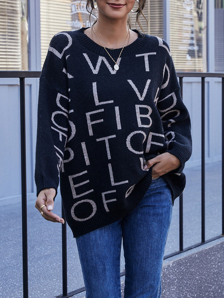 Damen Lässiger Oversized Pullover mit einem kreativen Schriftzug Drune