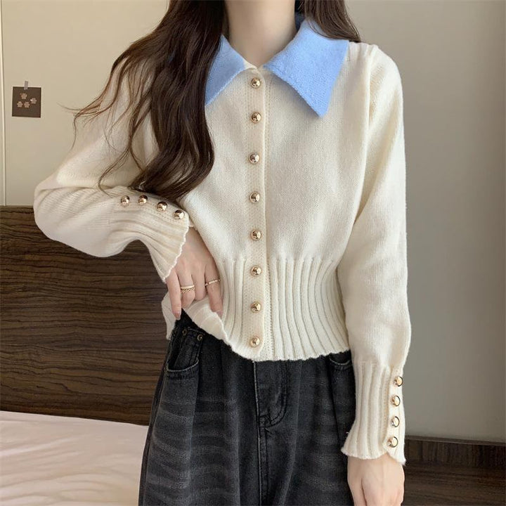 Damen Eleganter Strickpullover mit Kragen und Knopfdetails Drune