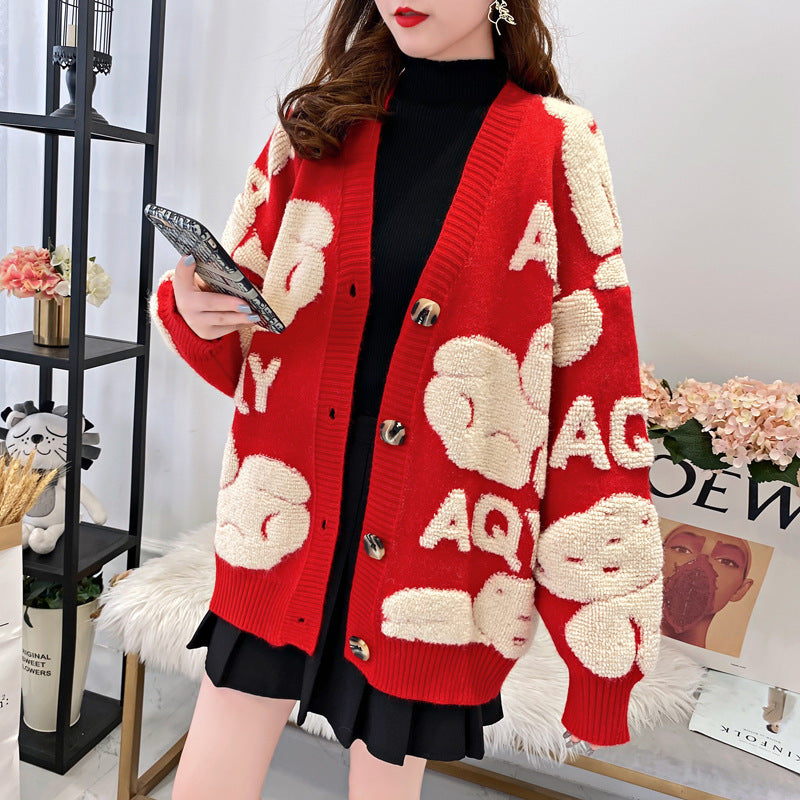 Damen kuschelige Strickjacke mit großem Schriftmotiv Drune
