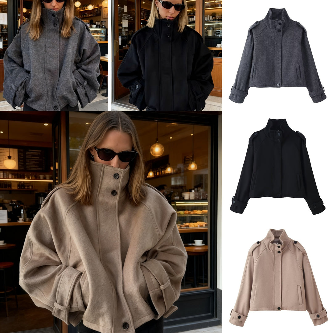 Damen Kurze Wollmix‑Jacke mit Stehkragen, Schulterklappen und verstellbaren Manschetten Drune