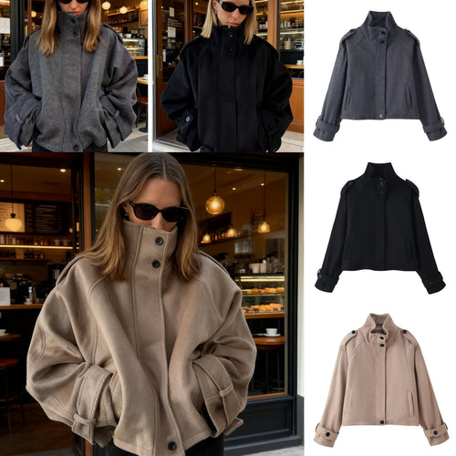Damen Kurze Wollmix‑Jacke mit Stehkragen, Schulterklappen und verstellbaren Manschetten Drune