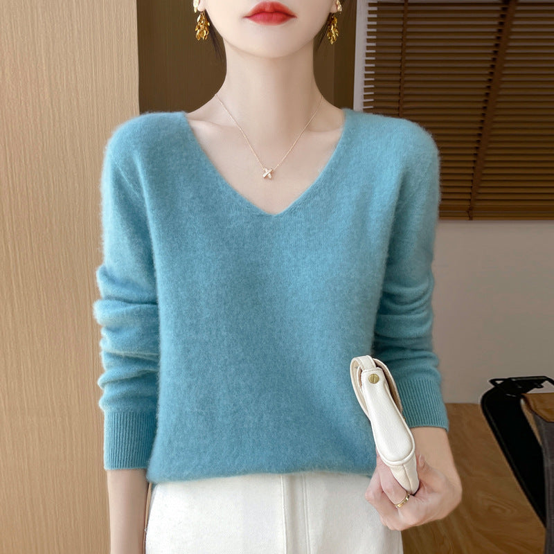 Damen Kuscheliger V‑Ausschnitt Feinstrickpullover aus Mohair‑Mix mit flauschiger Oberfläche Drune