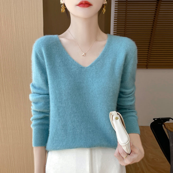 Damen Kuscheliger V‑Ausschnitt Feinstrickpullover aus Mohair‑Mix mit flauschiger Oberfläche Drune