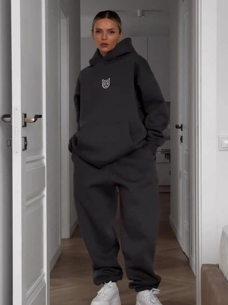 Damen Cropped Kapuzenpullover und weite High-Waist Jogginghose Set Drune