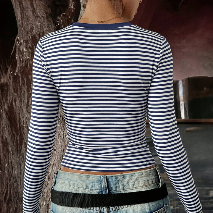 Damen nan gestreiftes eng anliegendes Langarm-Cropped-Shirt aus Stretchjersey mit Rundhalsausschnitt Drune