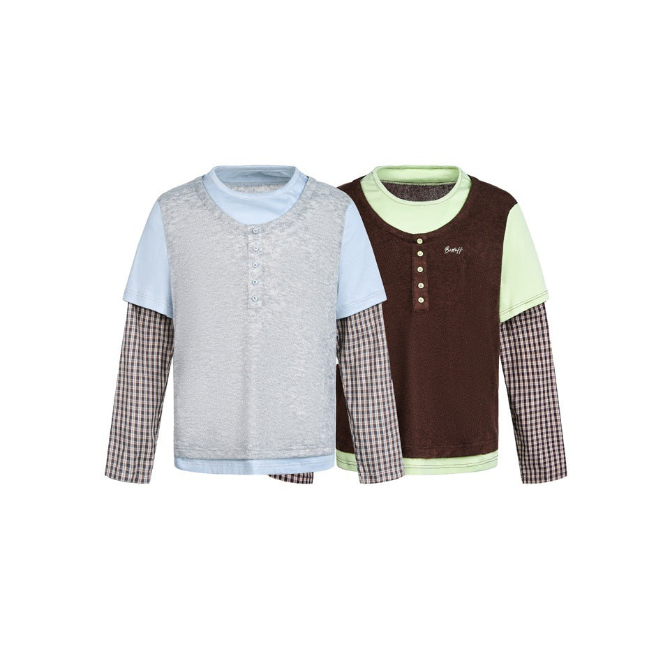 Unisex Lagenlook-Henley-Shirt mit kontrastierenden Karomanschetten und kurzem Overshirt-Effekt Drune