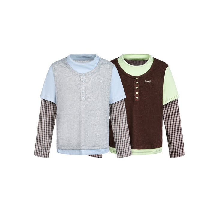 Unisex Lagenlook-Henley-Shirt mit kontrastierenden Karomanschetten und kurzem Overshirt-Effekt Drune