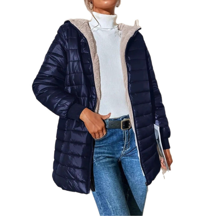Damen Langer Steppmantel mit Teddyfutter und Kapuze Drune