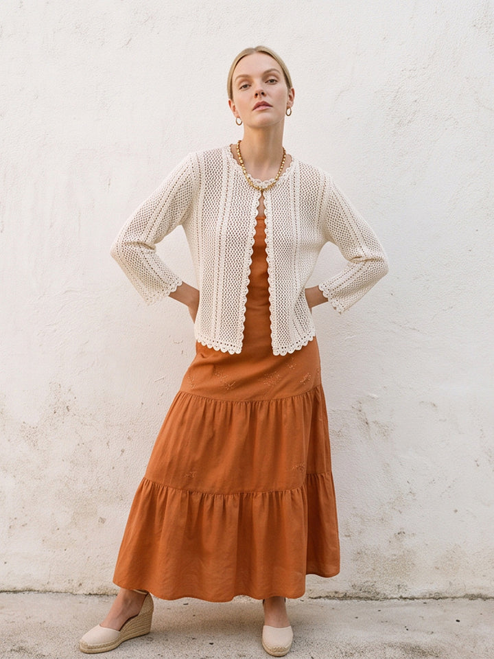 Damen gehäkelte Kurzjacke mit gewelltem Saum, offenem Vorderteil & 3/4-Ärmeln Drune