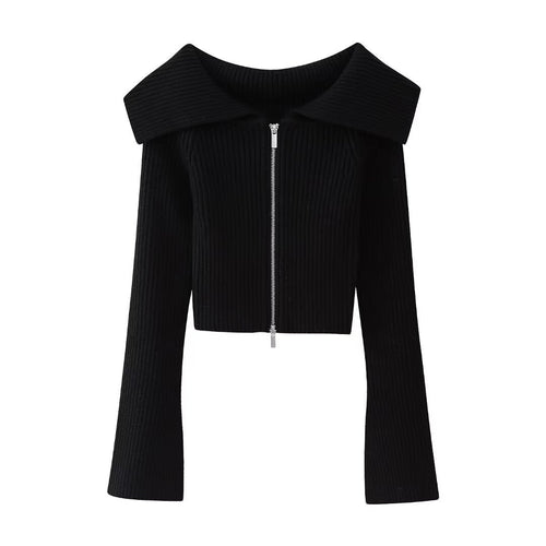 Damen Kurz geschnittene Rippenstrick-Jacke mit weitem Carmenkragen und durchgehendem Reißverschluss Drune