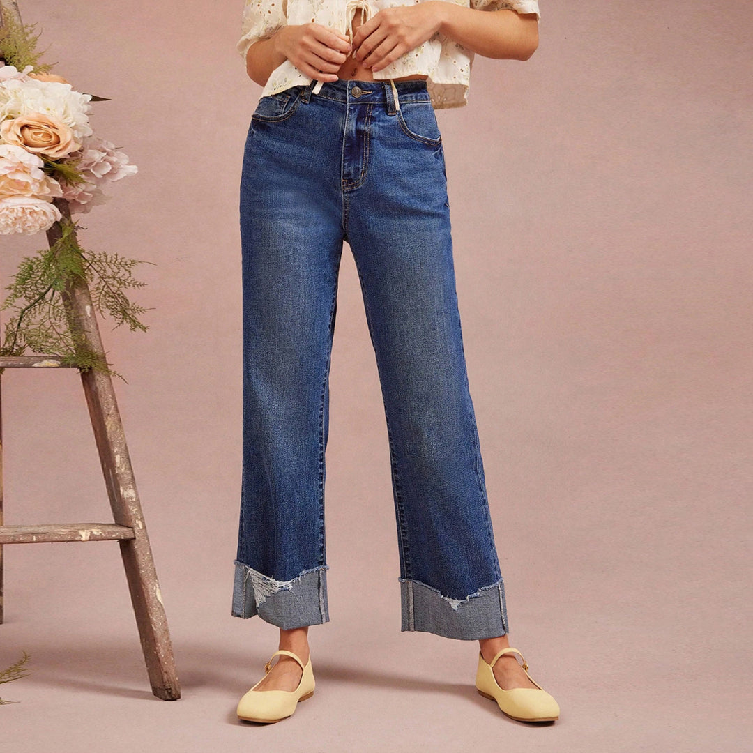 Damen Hochtaillierte Cropped-Jeans mit weitem Bein und ausgefranstem Umschlag Drune