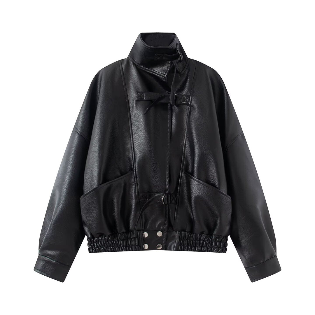 Damen Oversize Lederimitat-Bomberjacke mit elastischem Saum und Taillengürtel Drune