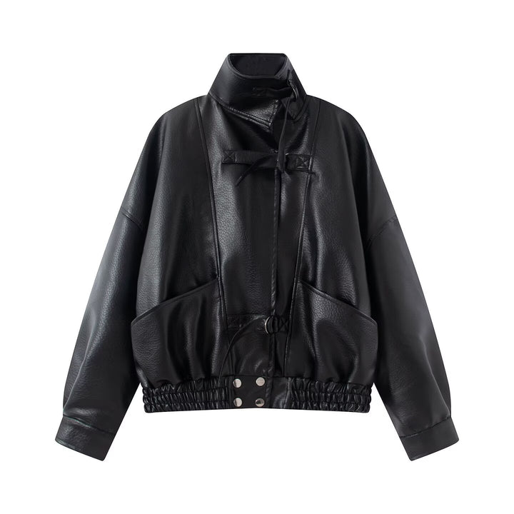Damen Oversize Lederimitat-Bomberjacke mit elastischem Saum und Taillengürtel Drune