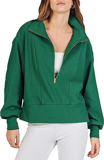 Damen Halb-Zip Kragen Entspannt Sweatshirt Pullover mit Rippbund und -manschetten Drune