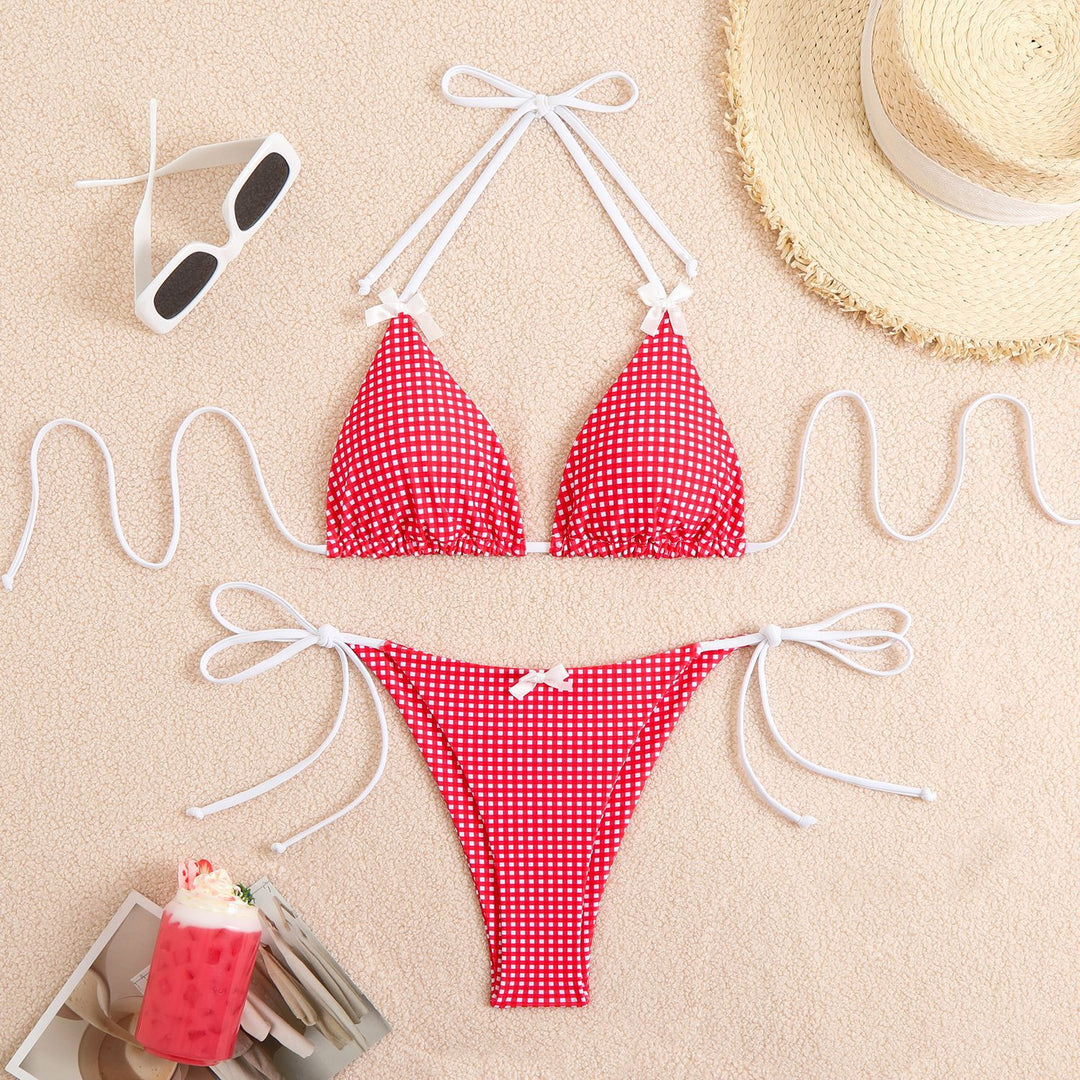 Damen Triangel-Bikini mit kariertem Muster und verspielten Schleifen Drune