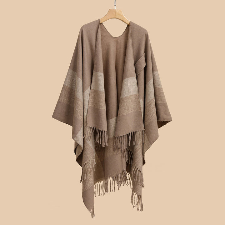 Damen Capeponcho aus Wollmix mit Ärmelschlitzen, offener Front und Fransenabschluss Drune