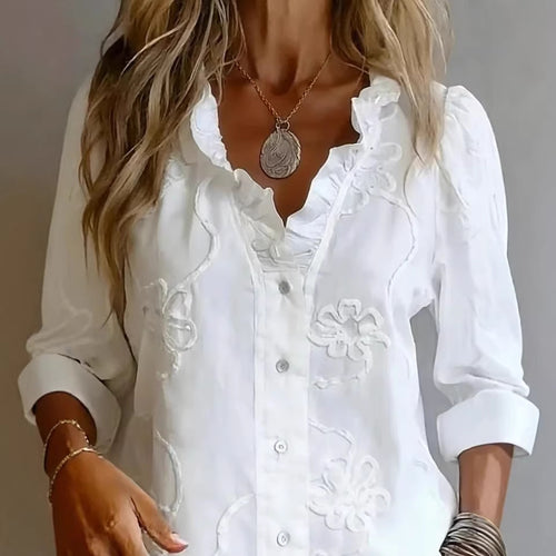 Damen elegante Bluse mit floralen Stickereien und voluminösen Ärmeln Drune