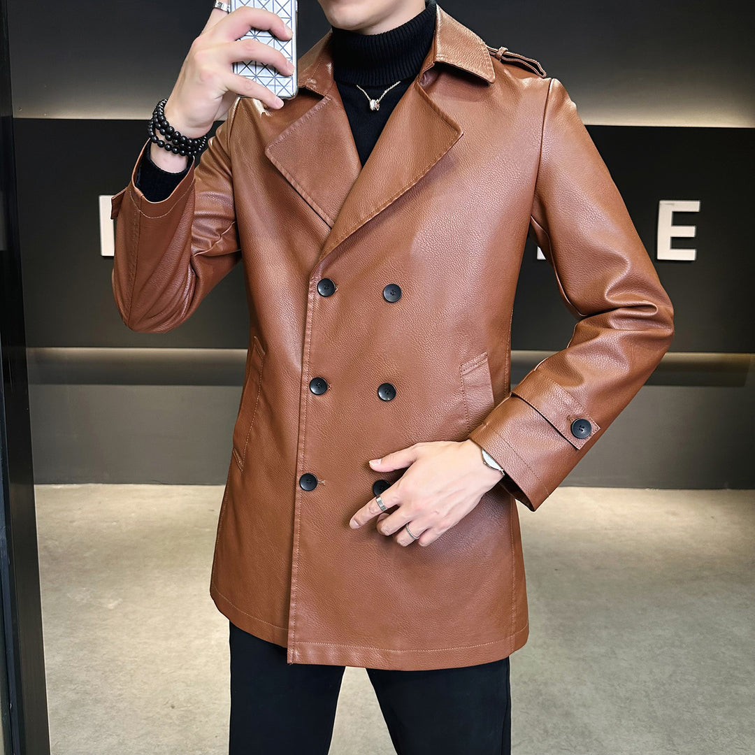 Herren Doppelreihiger Kunstleder-Trenchcoat mit markantem Revers Drune