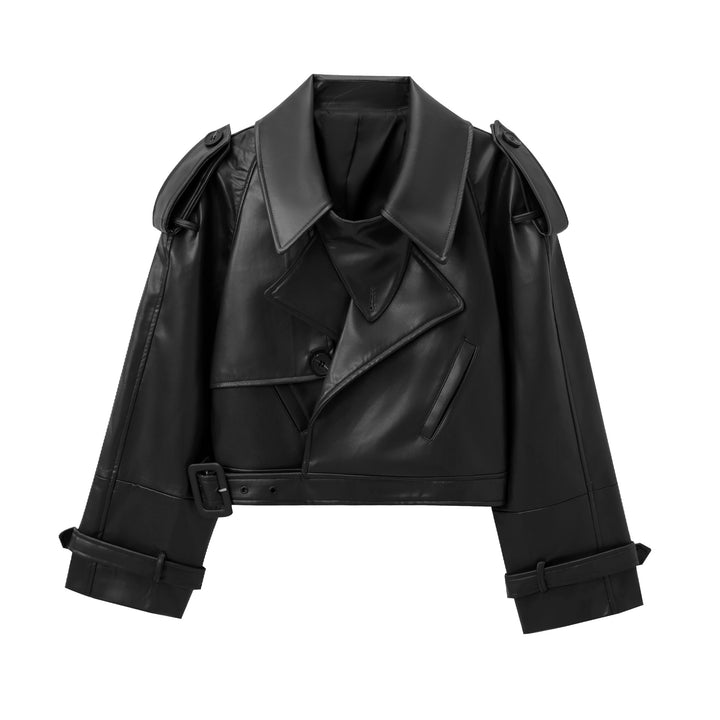 Damen cropped Lederjacke im eleganten Design mit breitem Revers und praktischen Taschen Drune