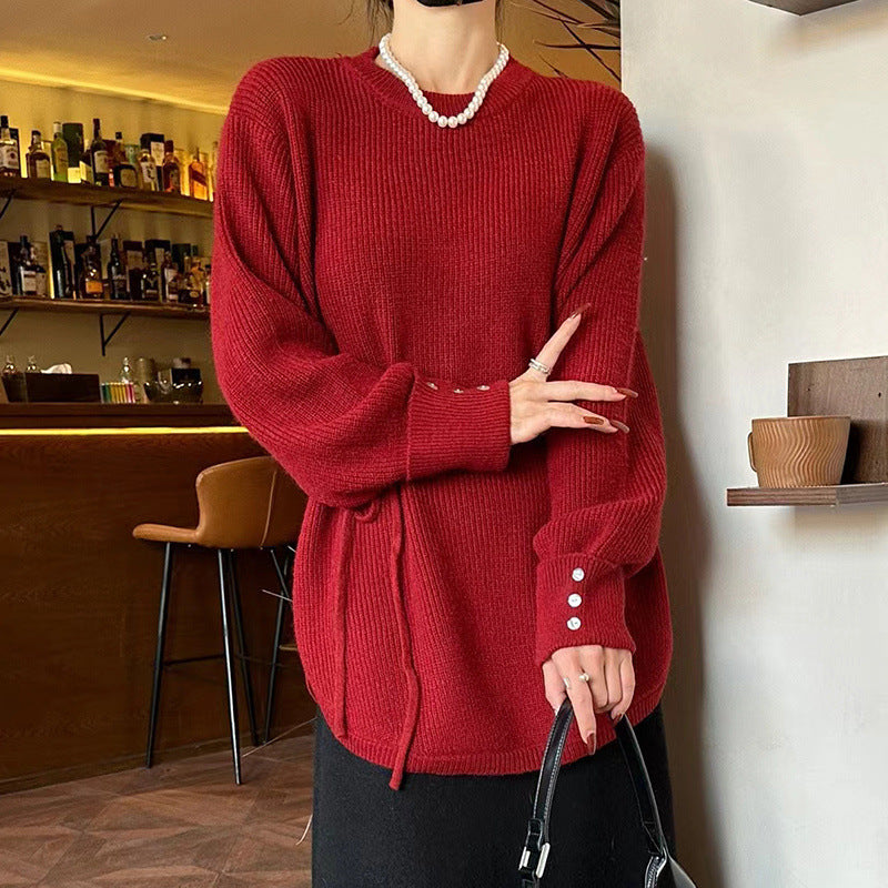 Damen lockerer Strickpulli mit Taillenschnürung und lässigem Schnitt Drune