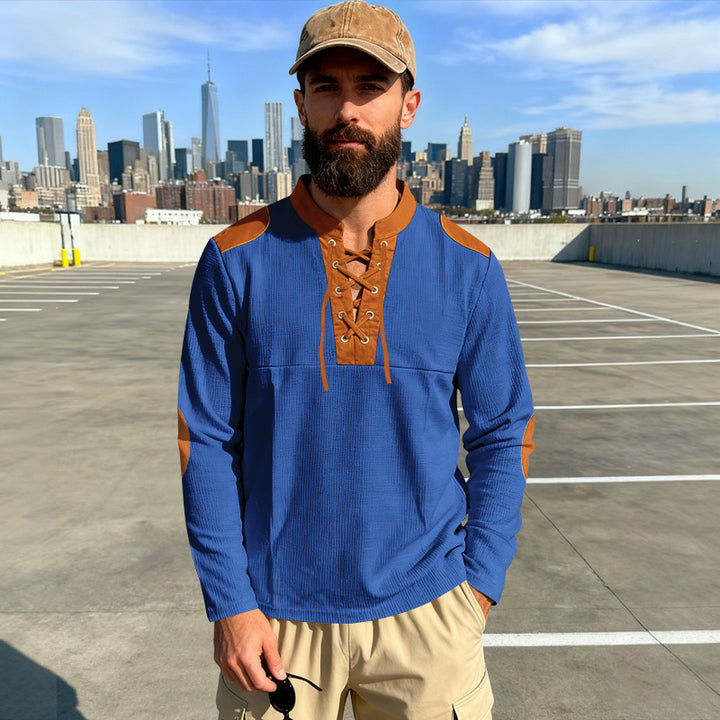 Herren Waffelstrick-Langarmshirt mit Schnürung und Kunstvelours-Ellbogenpatches Drune