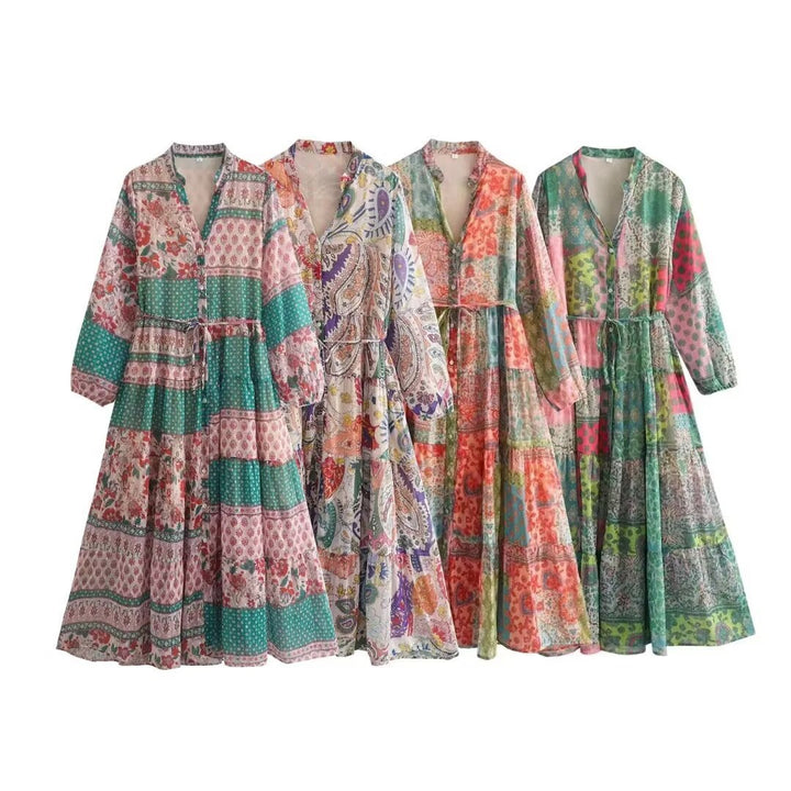 Damen Maxikleid mit Paisley‑Print, V‑Ausschnitt, Taillenband und Stufenrock Drune