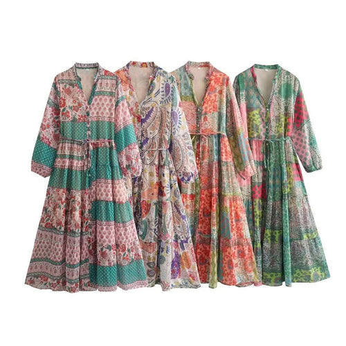 Damen Maxikleid mit Paisley‑Print, V‑Ausschnitt, Taillenband und Stufenrock Drune